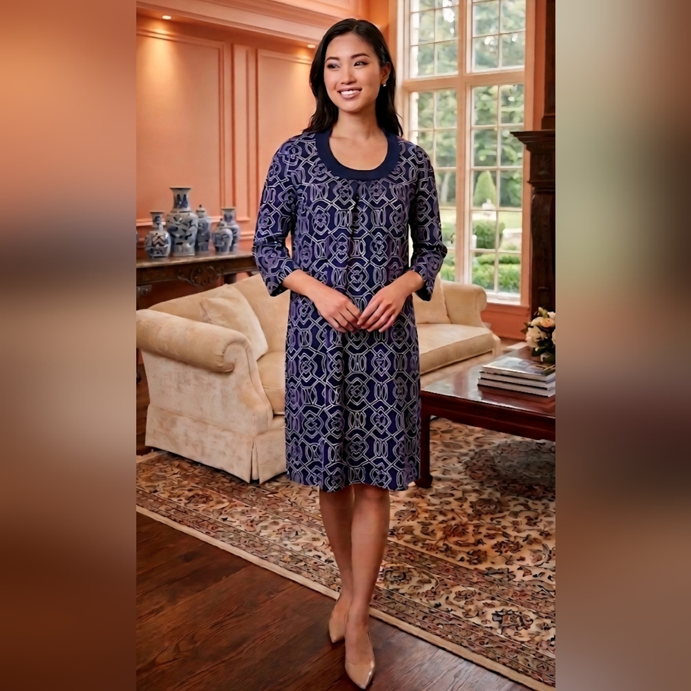 💅vfish Navy and Light Pink Geometric Print Midi Dress